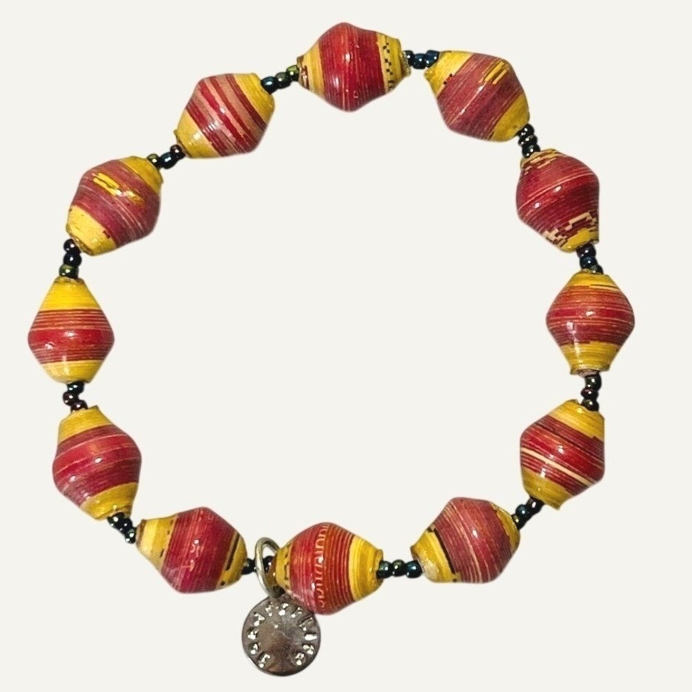 Bead For Life Handmade Rolled Paper Bead Stretch Bracelet Red Yellow Boho